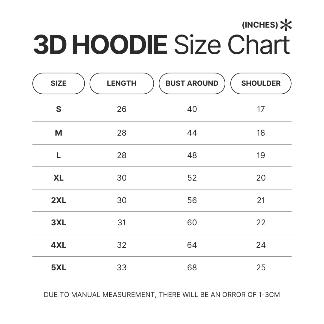 3D Hoodie Size Chart - Lorna Shore Shop