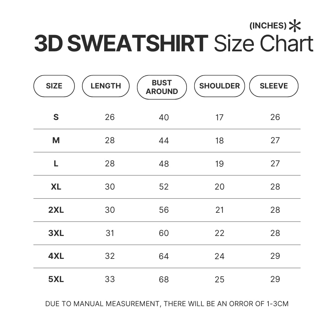 3D Sweatshirt Size Chart - Lorna Shore Shop