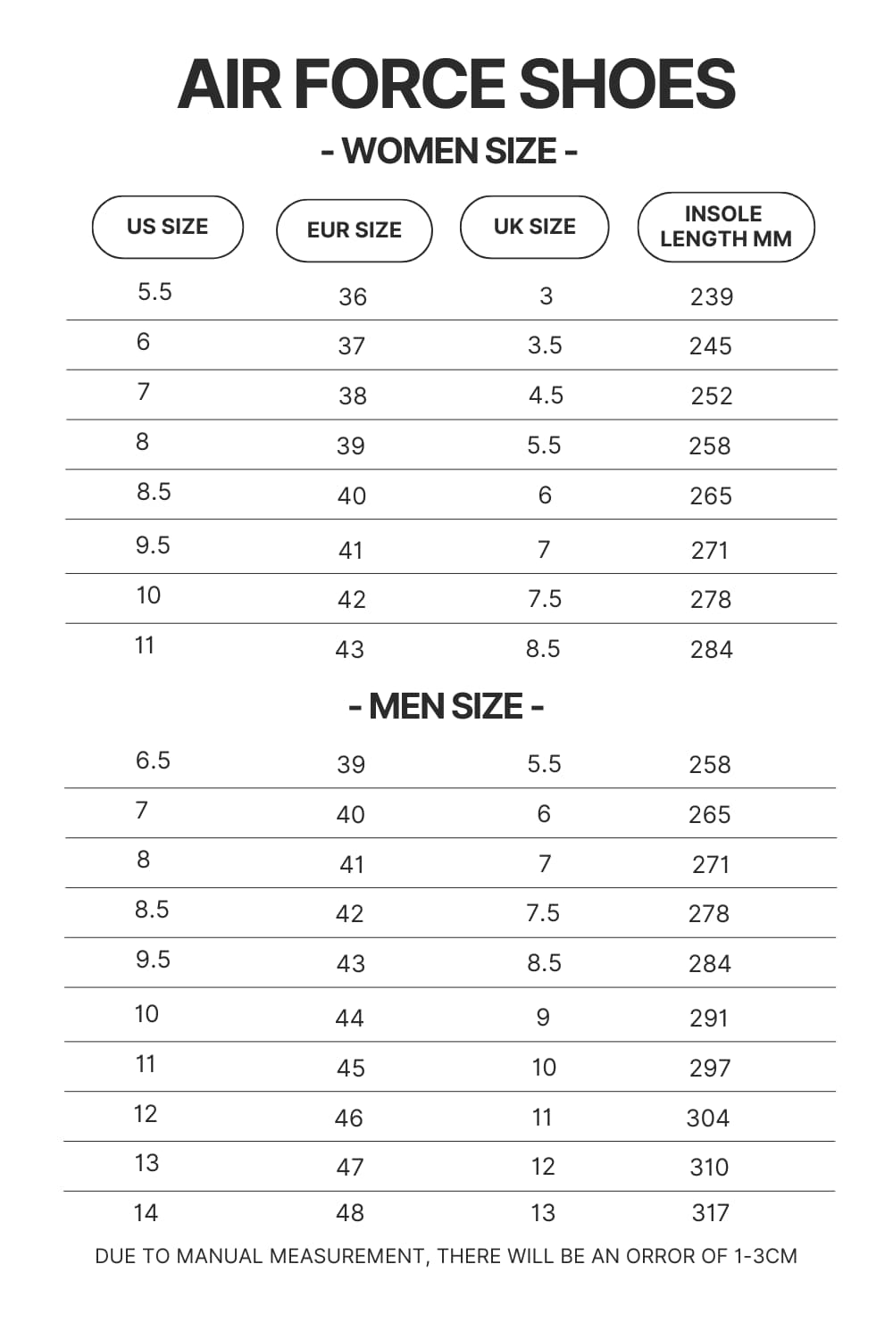 Air Force Shoes Size Chart - Lorna Shore Shop