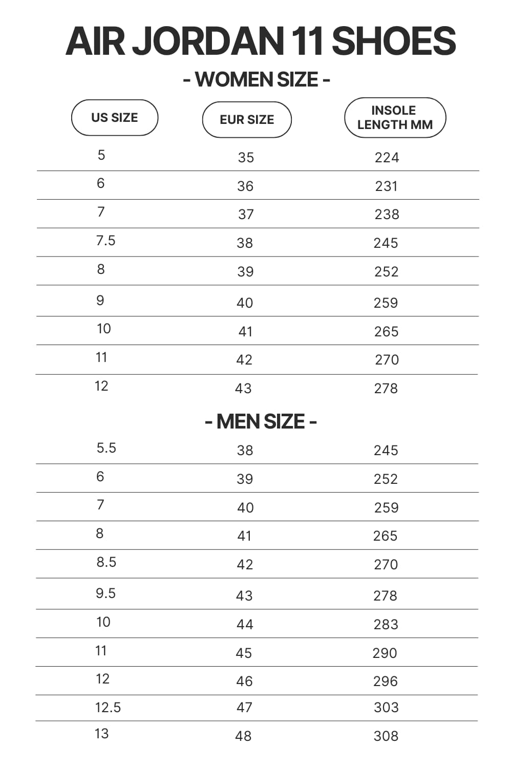 Air Jordan 11 Shoes Size Chart - Lorna Shore Shop