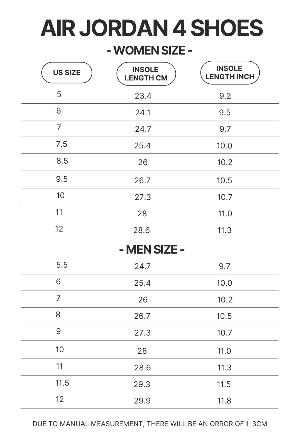 Air Jordan 4 Shoes Size Chart - Lorna Shore Shop