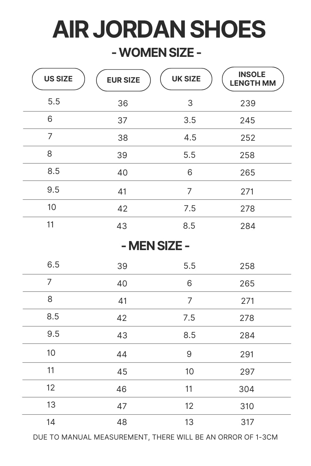 Air Jordan Shoes Size Chart - Lorna Shore Shop