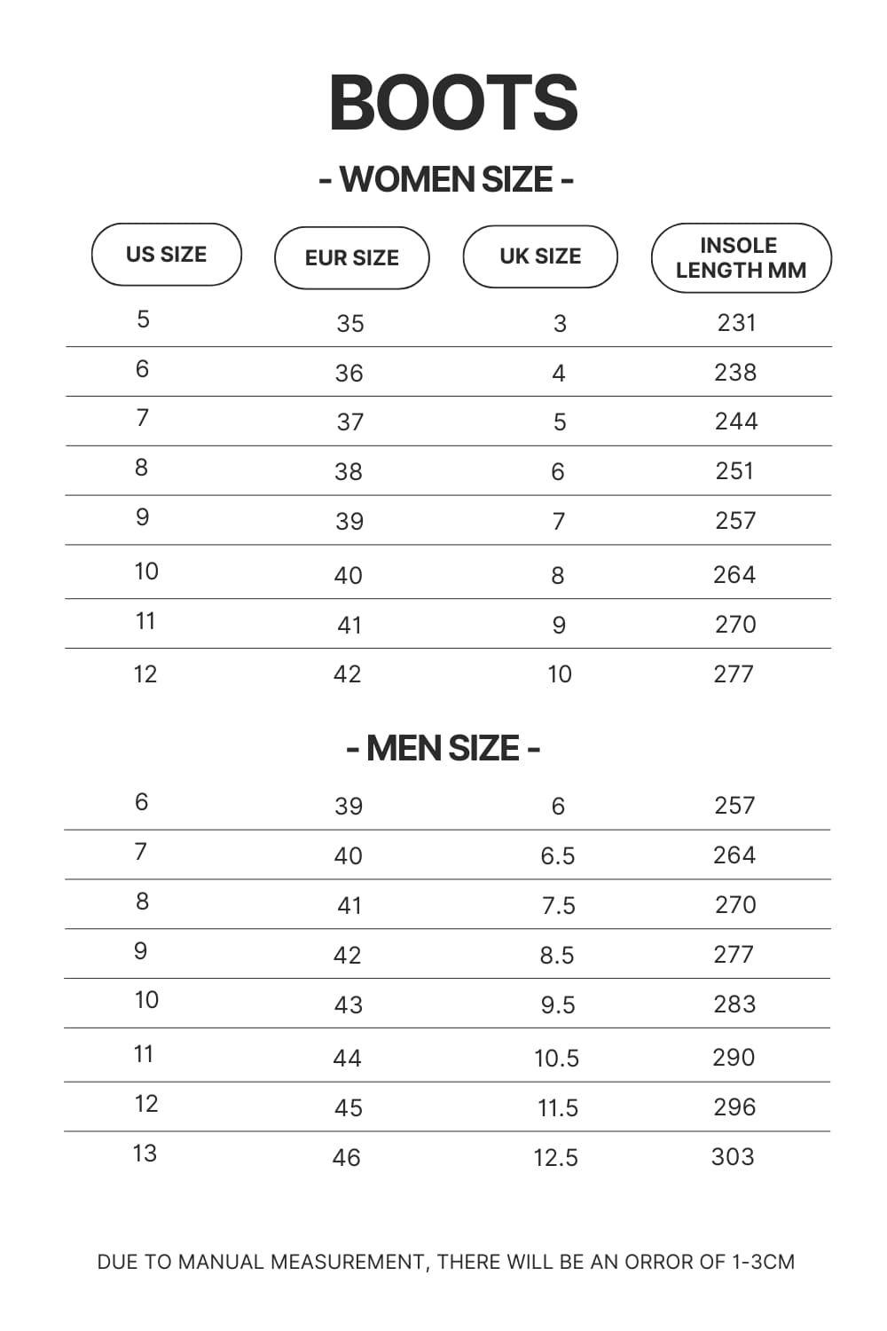 Boots Size Chart - Lorna Shore Shop