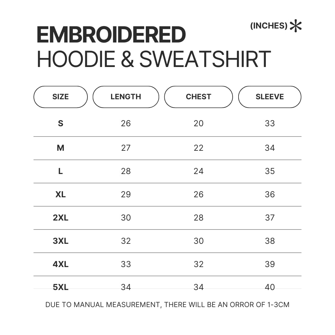 Embroidered Hoodie Sweatshirt Size Chart - Lorna Shore Shop