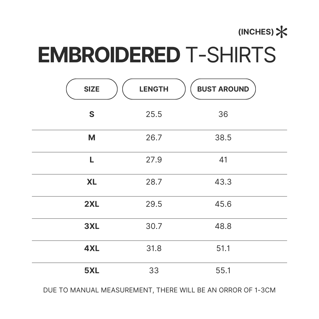 Embroidered T shirt Size Chart - Lorna Shore Shop