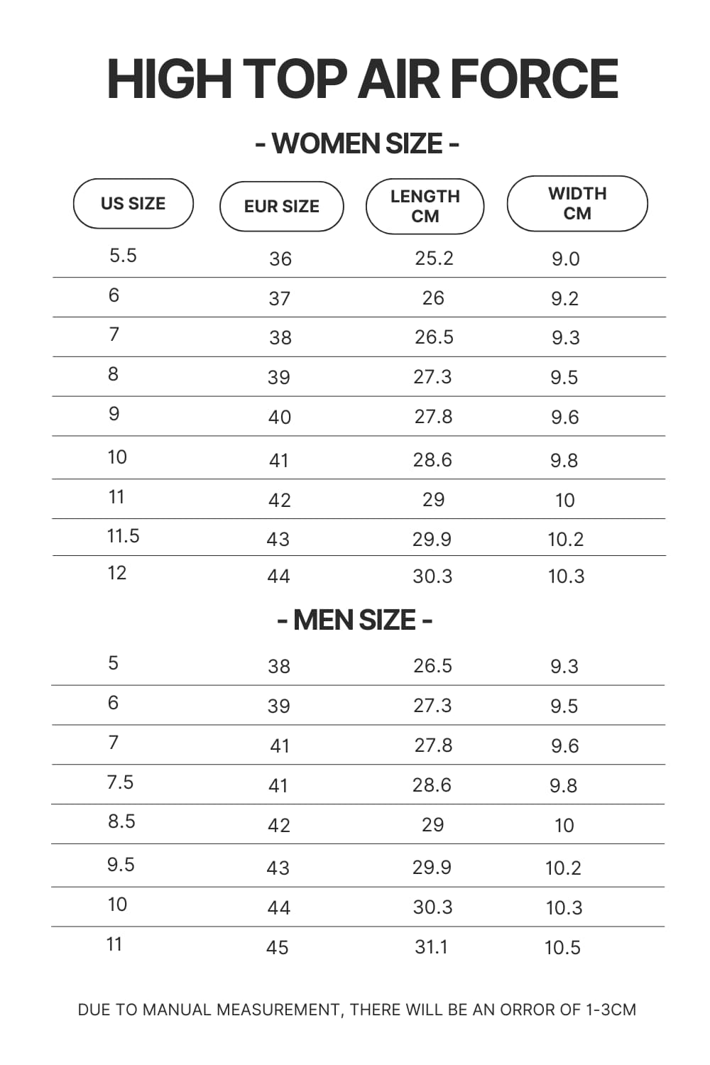 High Top Air Force Shoes Size Chart - Lorna Shore Shop