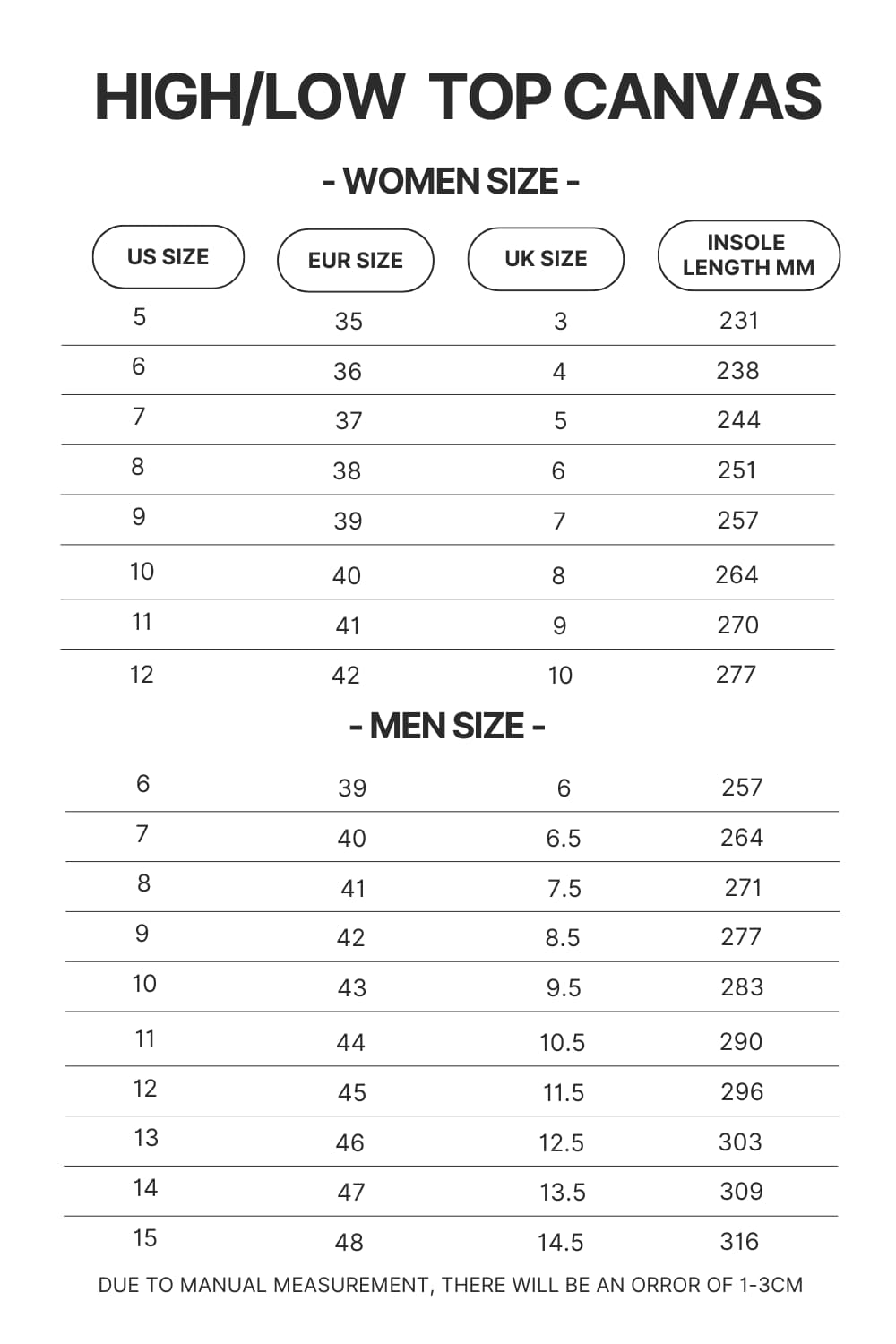 High Top Low Top Canvas Shoes Size Chart - Lorna Shore Shop