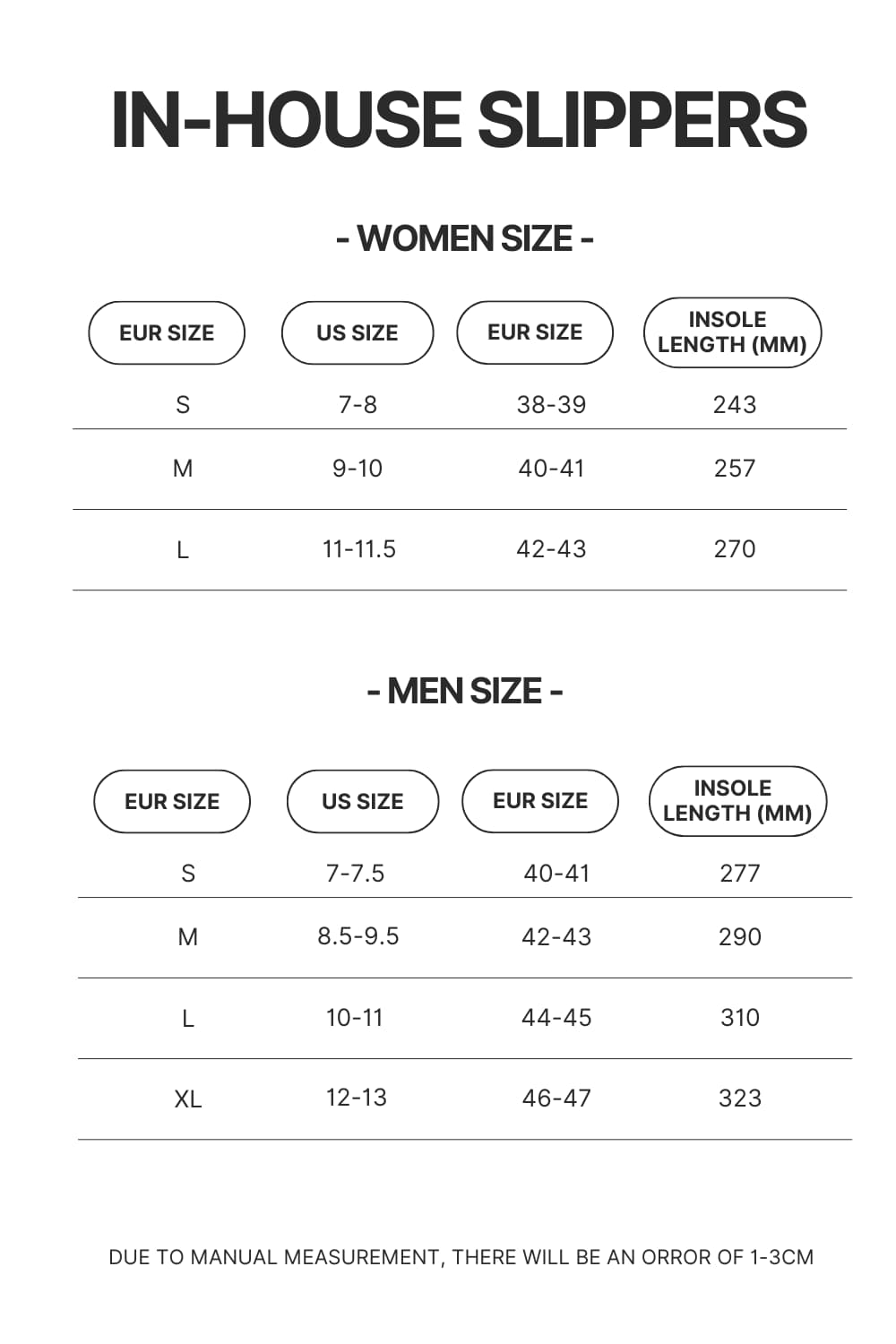 In House Slippers Size Chart - Lorna Shore Shop