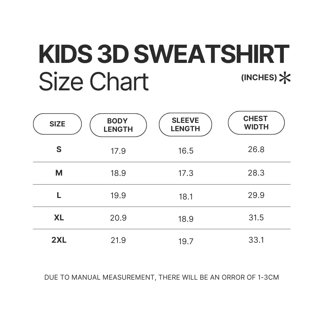 Kids 3D Sweatshirt Size Chart - Lorna Shore Shop