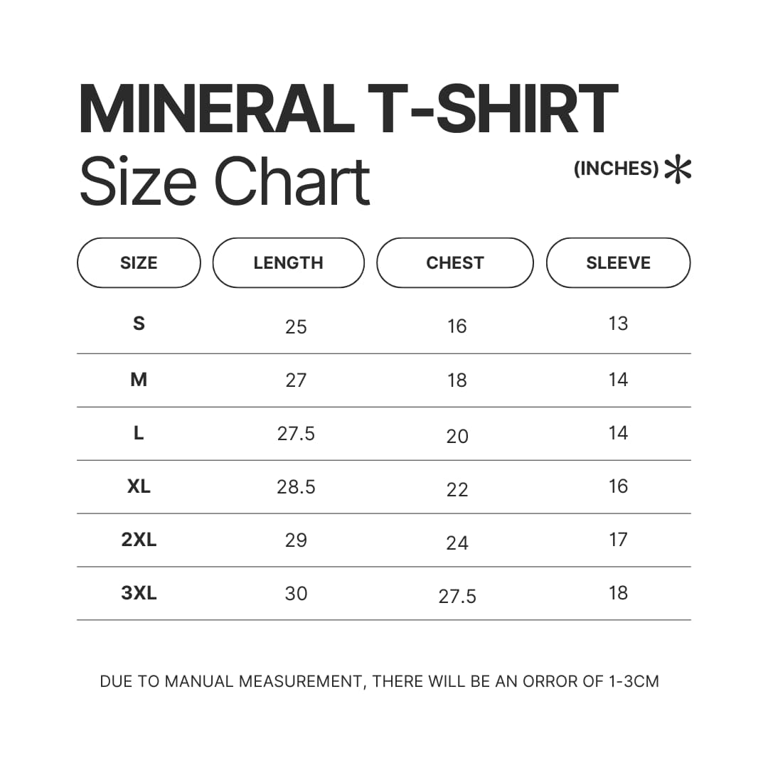 Mineral Wash T shirt Size Chart - Lorna Shore Shop