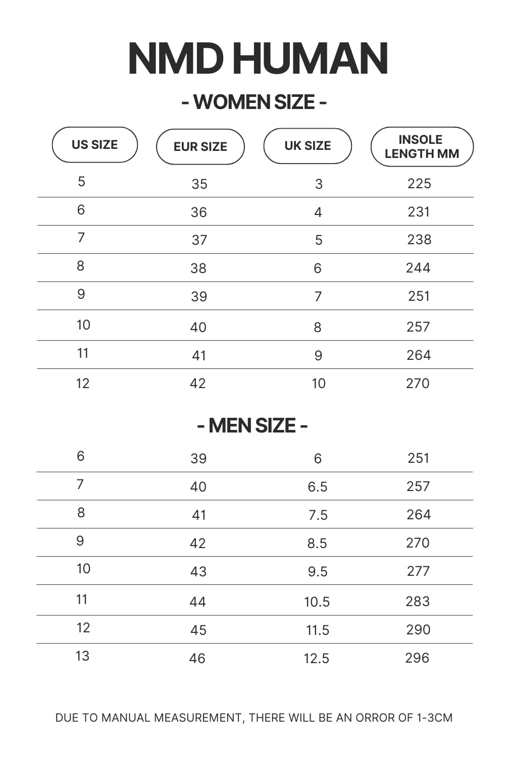 NMD Human Shoes Size Chart - Lorna Shore Shop