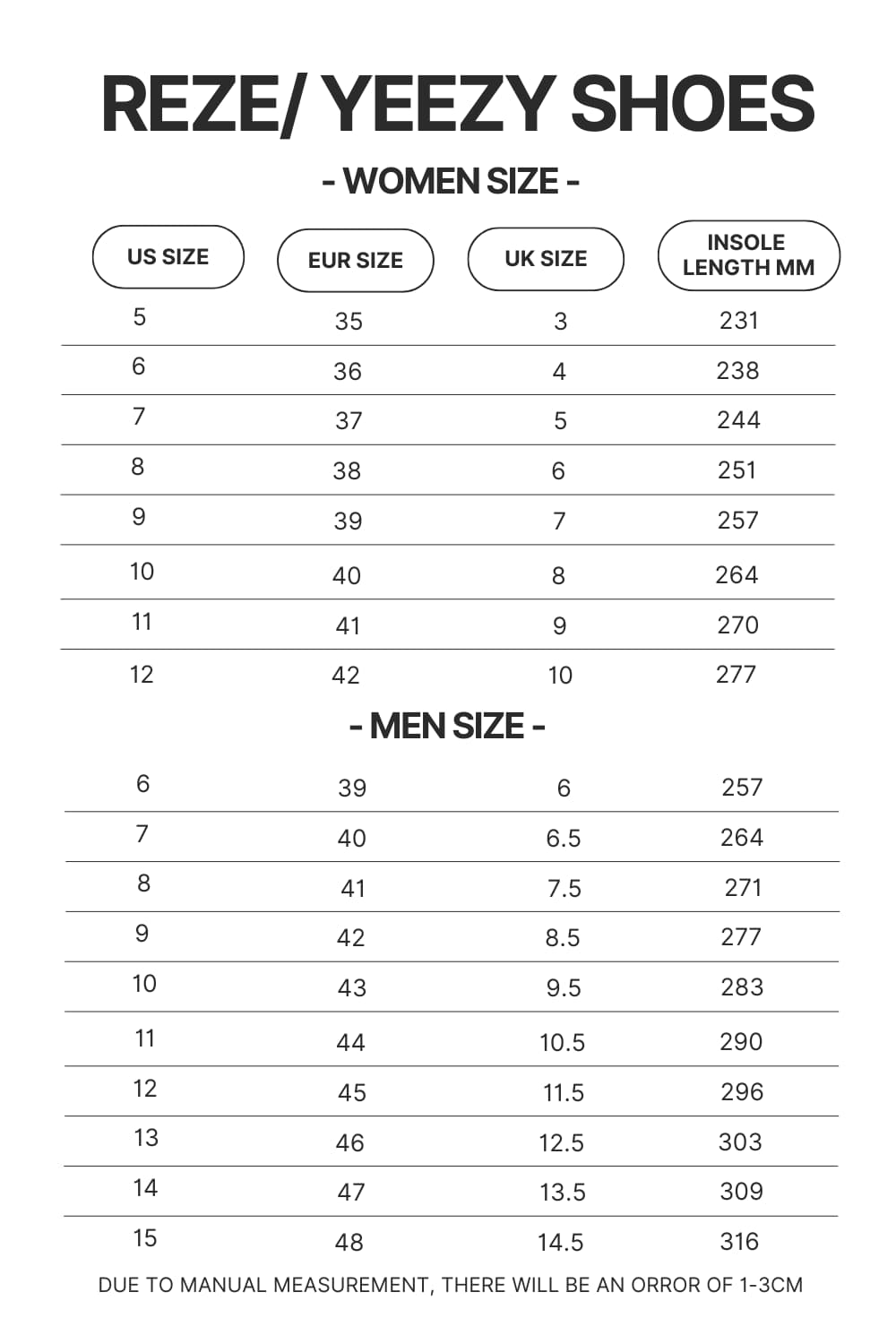 Reze Yeezy Shoes Size Chart - Lorna Shore Shop