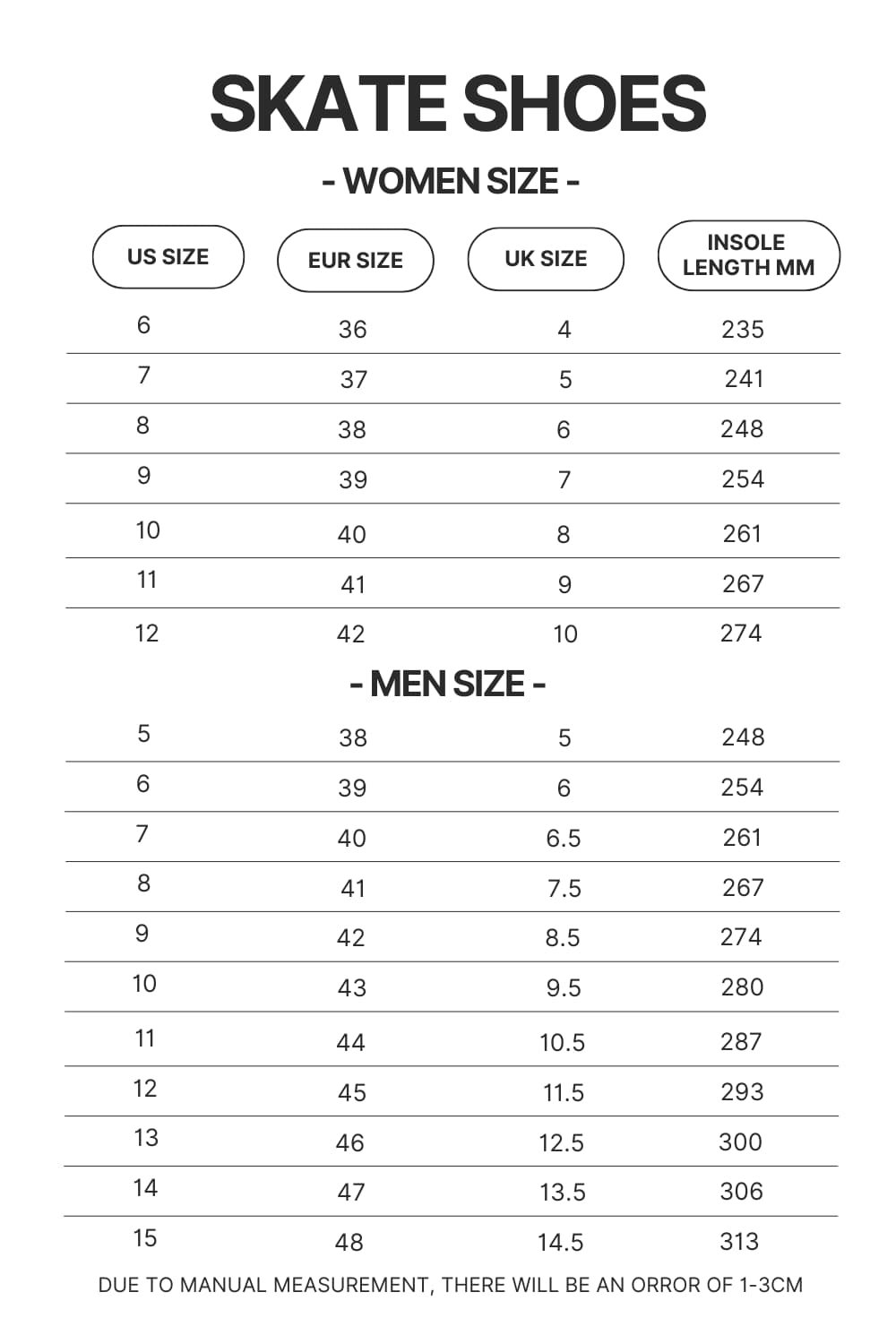 Skate Shoes Size Chart - Lorna Shore Shop