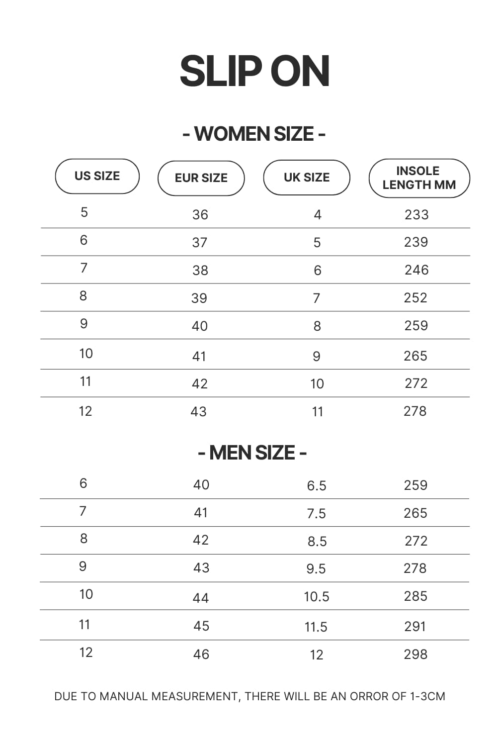 Slip On Size Chart - Lorna Shore Shop